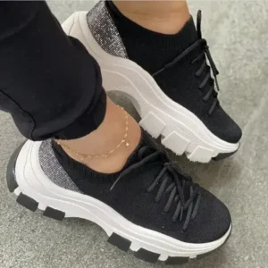 Moonfootprint Wedge Heel Flying Woven Colorblock Lace-Up Sneakers Large Size Casual Low Top Women Shoes