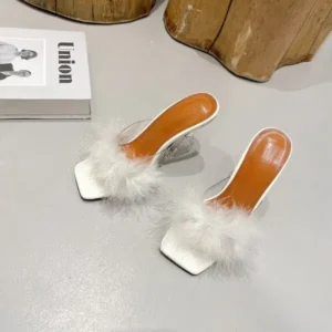 Moonfootprint Women Fashion Sexy Feather Decoration Solid Color Chunky High Heel Slippers Shoes