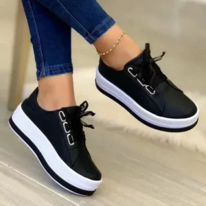 Moonfootprint Women Casual Round Toe Lace-Up Block Color Platform Shoes PU Sneakers