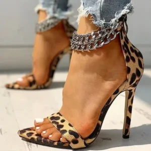 Moonfootprint Women Sexy Metal Chain Buckle Ankle Strap Animal Printed High Heels