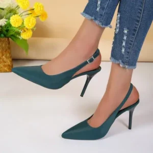 Moonfootprint Summer Women Fashion Plus Size Elegant Pointed Toe Strap Buckle Sling Back Stiletto Heel PU Sandals