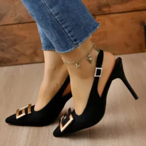 Moonfootprint Summer Women Fashion Casual Plus Size Solid Color Pointed Toe Metal Buckle Sling Back High Heel Sandals