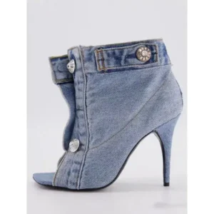 Moonfootprint Women Fashion High Heel Denim Button High Top Boots