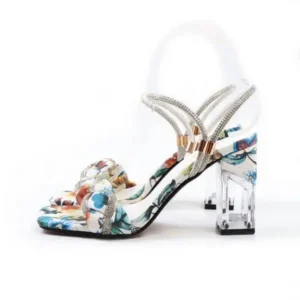 Moonfootprint Women Fashion Sexy PU Rhinestone Floral Printed Square Toe Chunky Heel ?Sandals