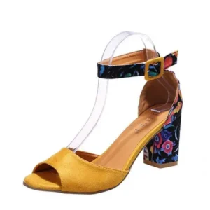 Moonfootprint Women Fashion Sexy PU Floral Printed Peep Toe Chunky Heel Ankle Strap Buckle Sandals