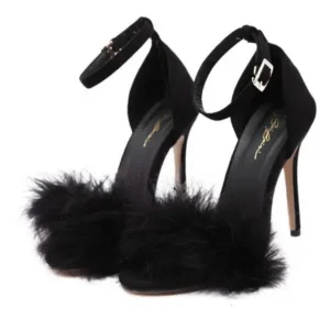 Moonfootprint Women Fashion Sexy PU Solid Color Feather Peep Toe Stiletto Heel Ankle Strap Buckle Sandals