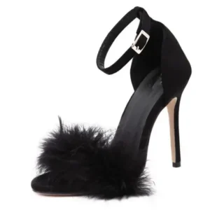 Moonfootprint Women Fashion Sexy Solid Color Feather Peep Toe Stiletto Heel Ankle Strap Buckle Sandals