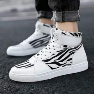 Moonfootprint Men'S Fashion Zebra Print Breathable Canvas High Top Sneakers