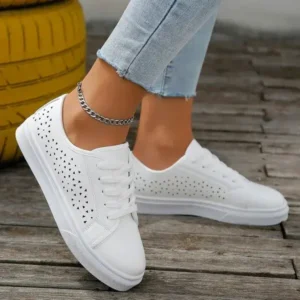 Moonfootprint Women Fashion Solid Color Plus Size Hollow Lace-Up Round-Toe Sneakers