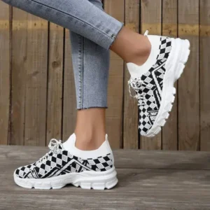 Moonfootprint Summer Women Fashion Casual Geometric Print Fly-Woven Lace-Up Sneakers