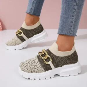 Moonfootprint Women Fashion Color Block Metal Chain Thick-Soled Breathable Fly-Woven Sneakers