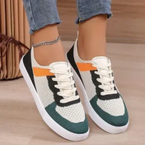 Moonfootprint Women Fashion Casual Color Blocking Mesh Fly-Woven Breathable Sneakers