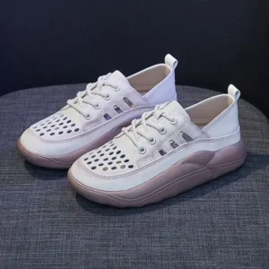 Moonfootprint Women Fashion Casual Solid Color PU Lace-Up Hollow Breathable Sneakers