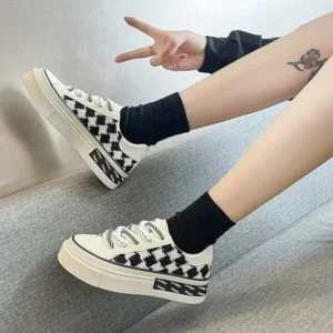 Moonfootprint Women Fashion Platform Checkerboard Canvas Sneakers