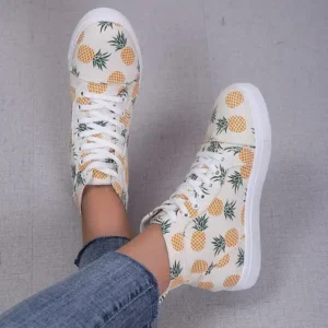 Moonfootprint Women Fashion Round Toe Lace-Up Pineapple Strawberry Flat Sneakers