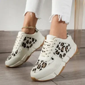 Moonfootprint Women Fashion Round Toe Stitching Lace Up Low Top Leopard Sports Sneakers